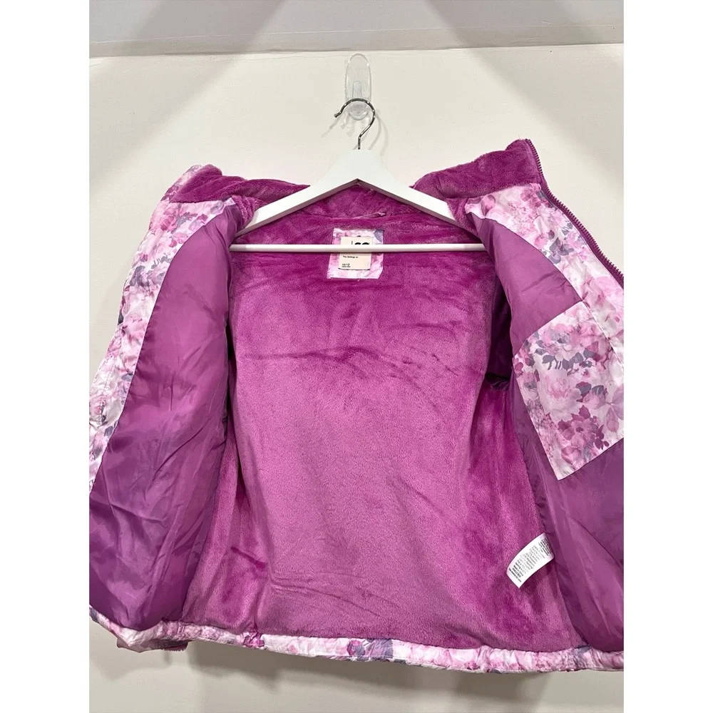 SO Girls Floral Puffer Jacket Faux Fur Hood Pink Purple Size 10/12